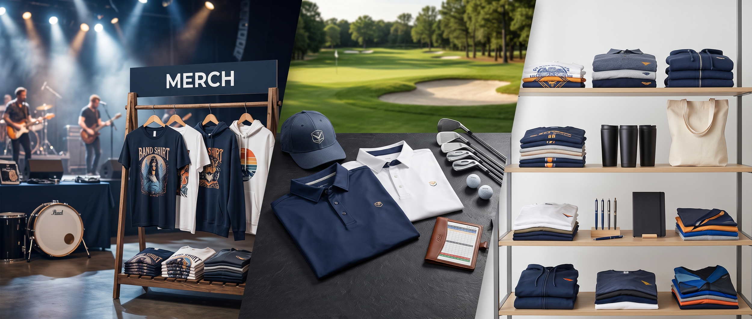 Zeigt Merchandise für eine Golfmarke, einschließlich T-Shirts, Polohemden, Mützen, Golfutensilien und anderen Accessoires, präsentiert vor unterschiedlichen Kulissen, darunter eine Konzertbühne, ein Golfplatz und Verkaufsregale.