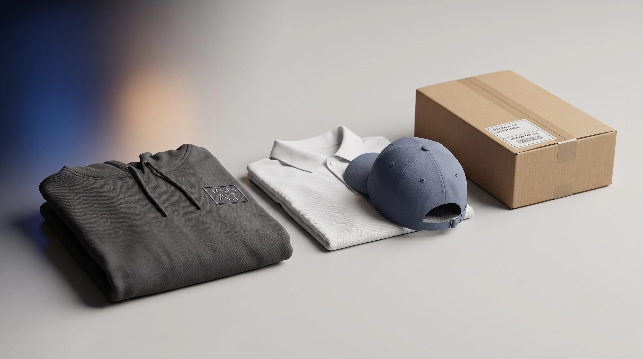Eine zusammengelegte graue Kapuzenjacke, eine weiße Polo-Hemd, zwei blaue Baseballkappen und ein brauner Versandkarton auf einer weißen Oberfläche.