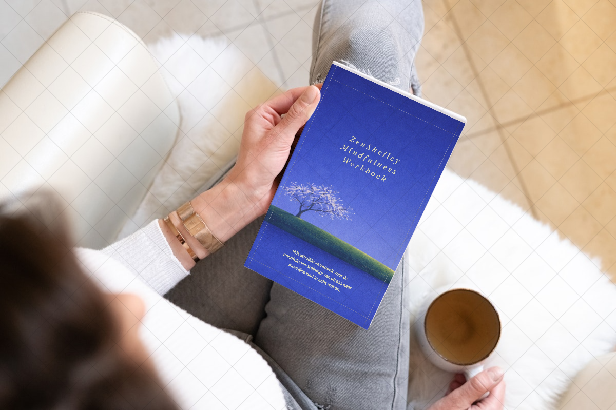 Persoon leest het ZenShelley mindfulness werkboek terwijl ze een beker koffie vasthoudt.