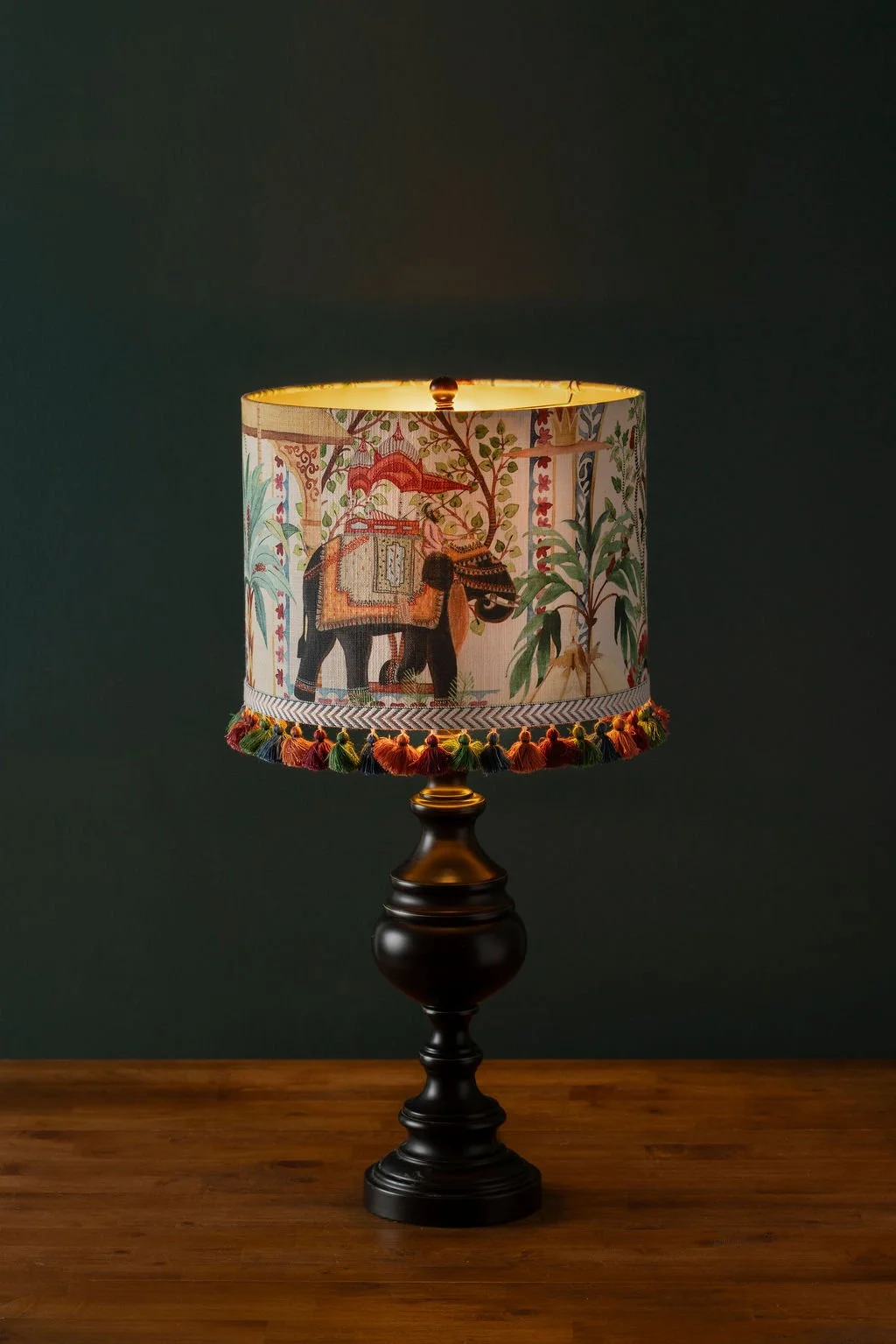 Kondula Jewel Elephant Procession Lampshade with Gold Lining and Tasseled Trim