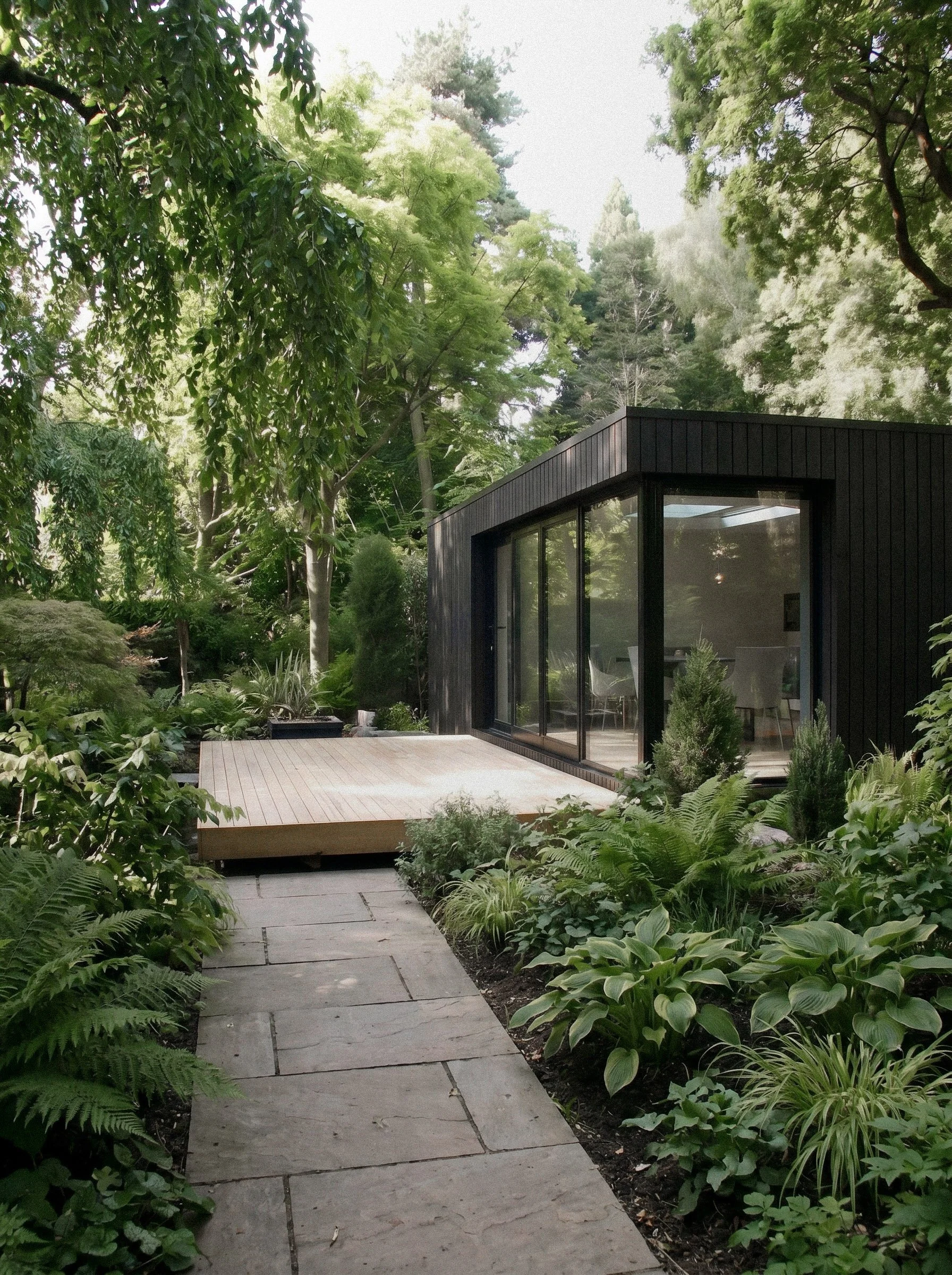 A modern black house with large glass windows surrounded by lush green garden and trees, with a stone pathway leading to the house.