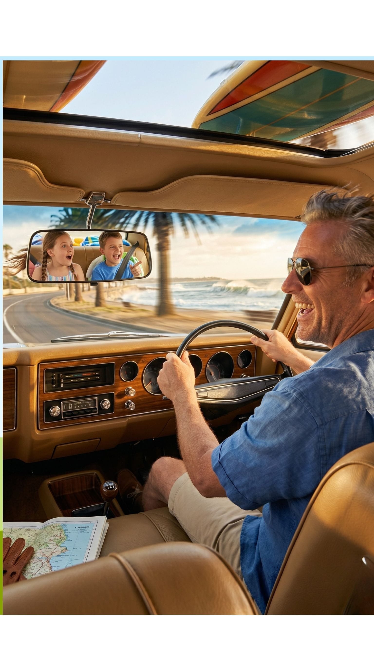 A smiling man drives a classic car along a coastal road, with two excited children visible in the rearview mirror.