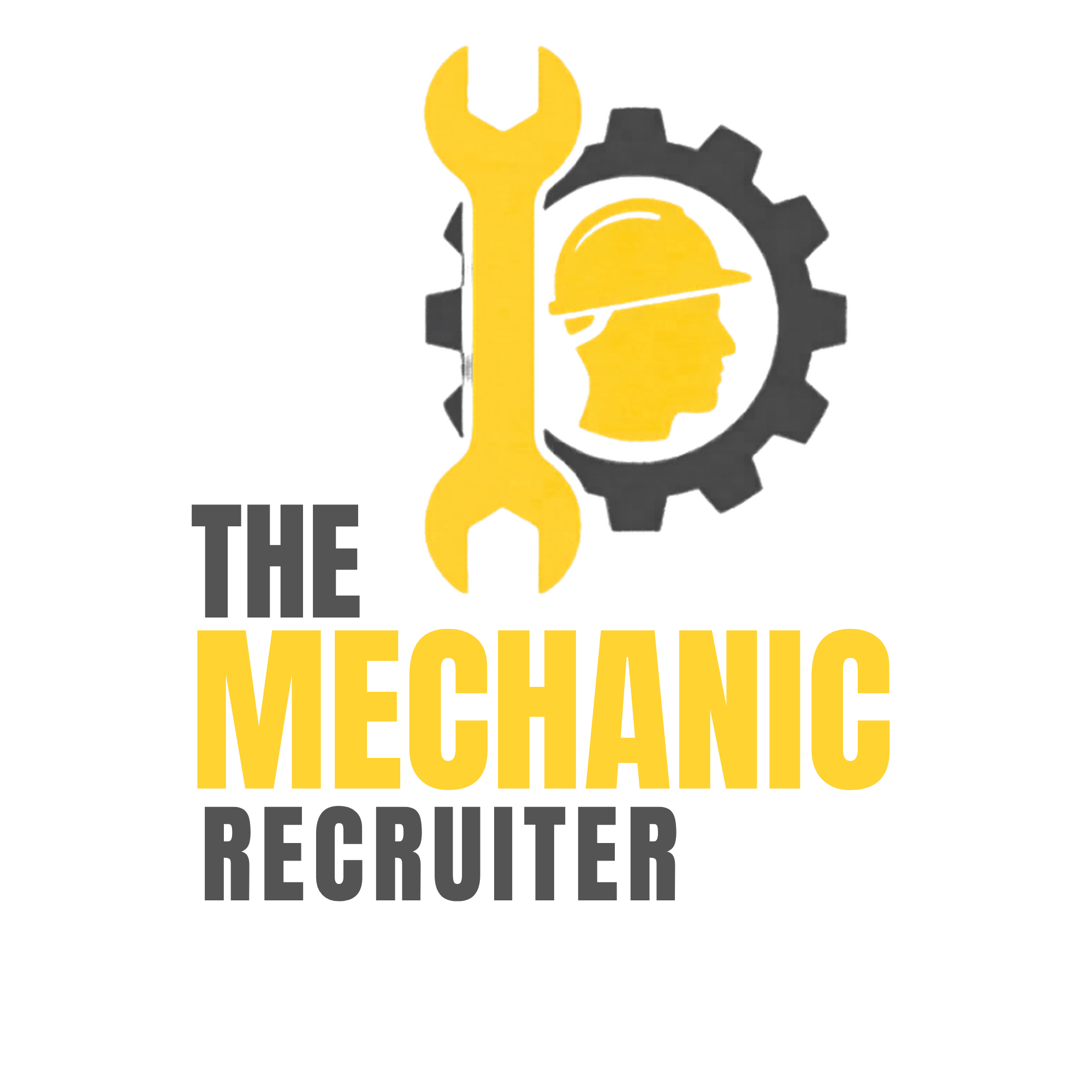 Logo for The Mechanic Recruiter on a white background, featuring a yellow wrench, gray gear, and a worker in a hard hat.