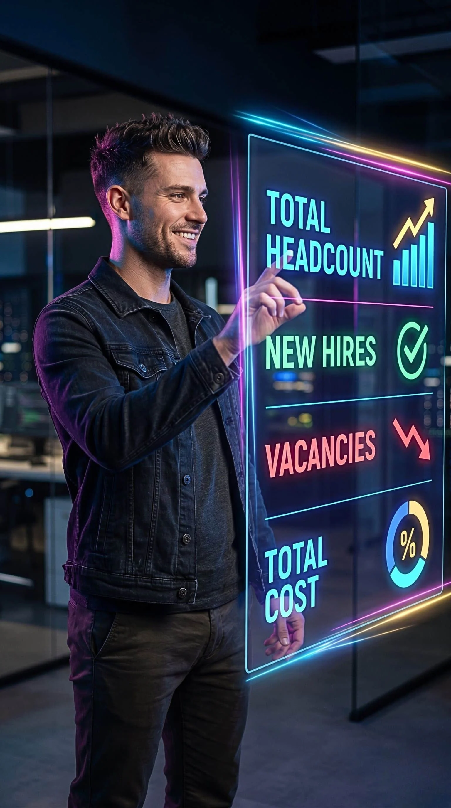 A man interacts with a glowing neon holographic HR dashboard displaying headcount, new hires, and vacancies metrics.