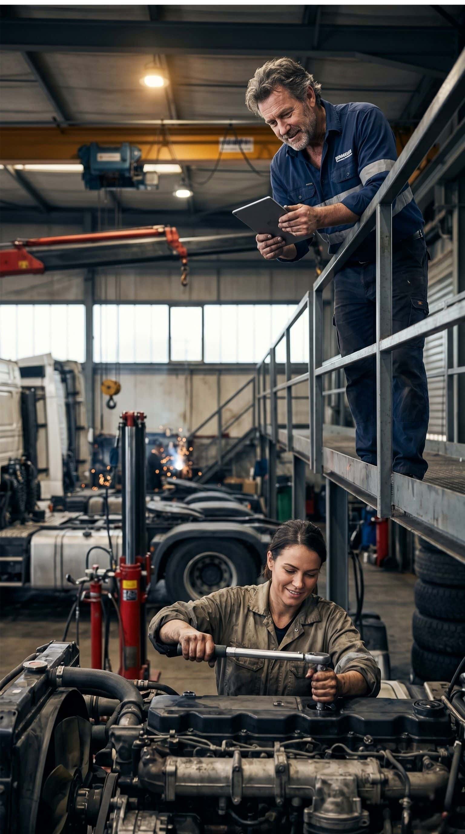 A female mechanic repairs a truck engine while a supervisor views a tablet on an elevated platform.