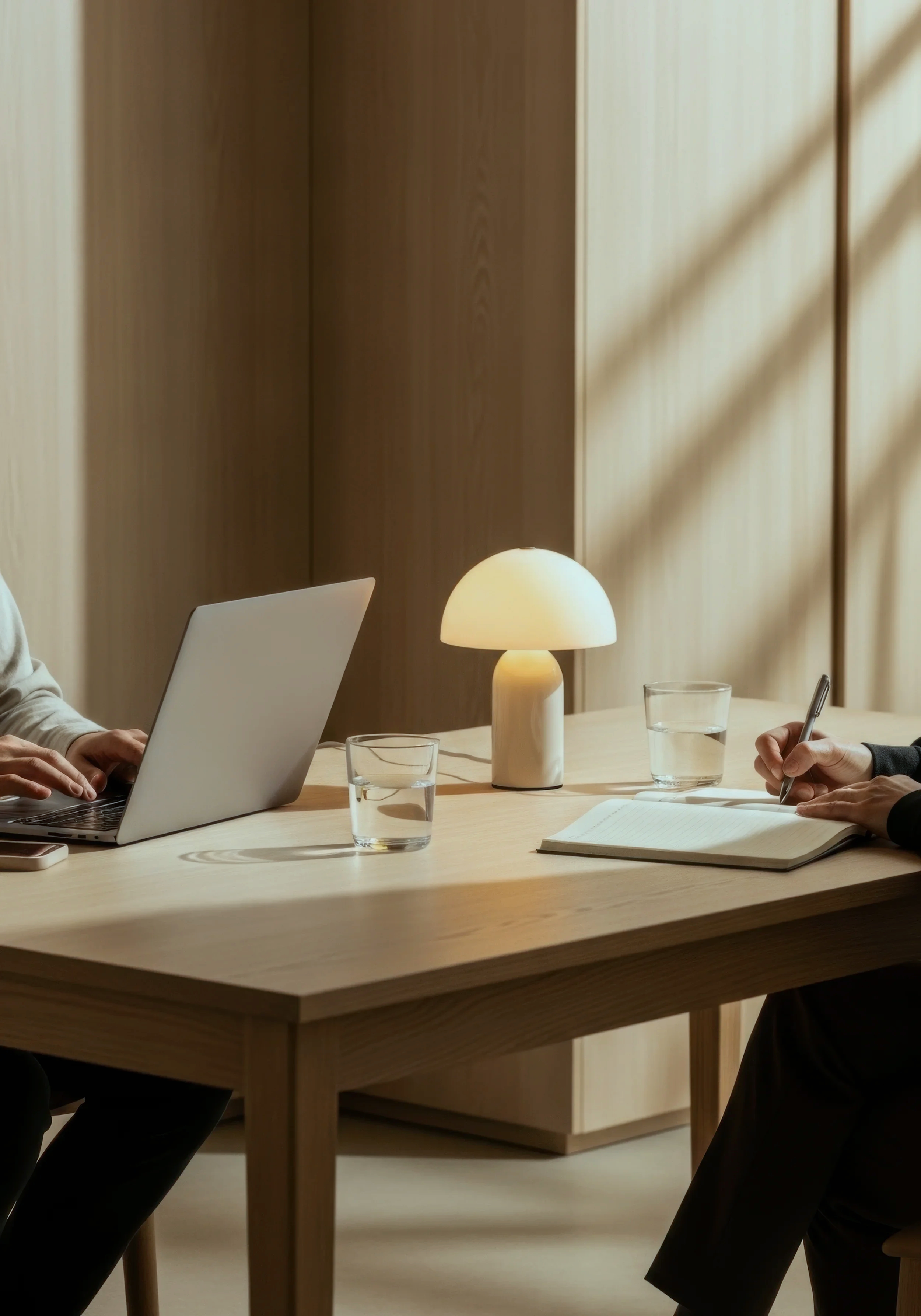 People sitting at a wooden table engaged in a meeting. One person has a laptop, another is taking notes in a notebook. The team is working together to help client transition his career.