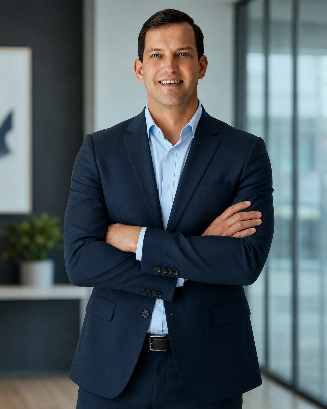 Tollet and Partners CEO Dylan Tollet in a navy suit with a light blue shirt standing indoors with arms crossed in front of large windows.