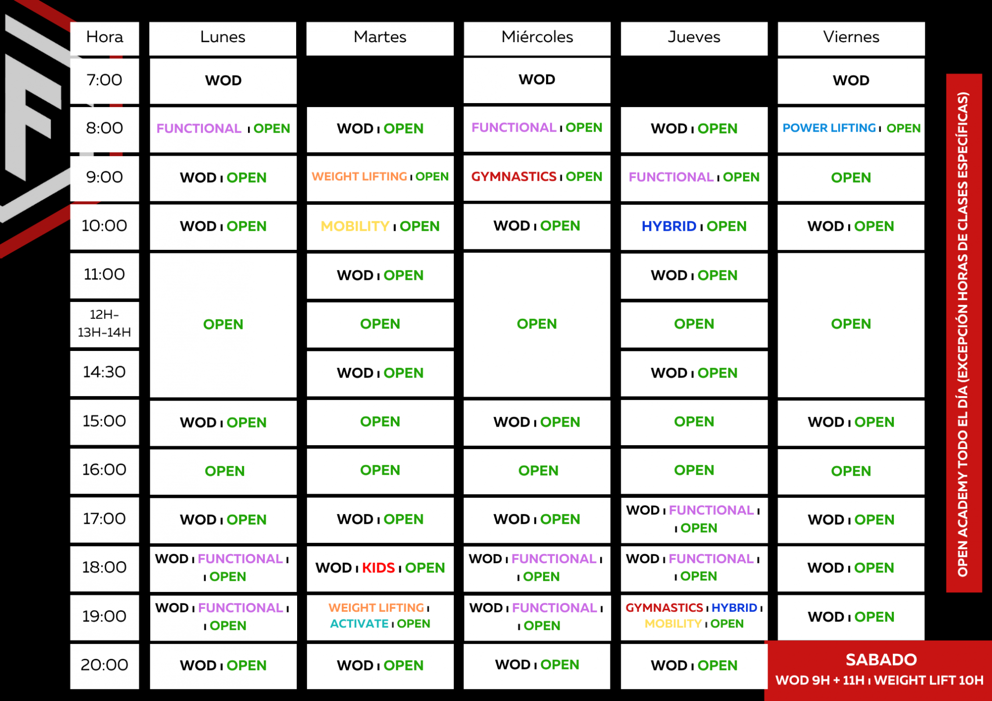 Weekly schedule chart for a fitness gym showing hours, days, and classes, with time slots from 7:00 AM to 8:00 PM, classes such as WOD, Functional, Kids, Gymnastics, Mobility, Powerlifting, Hybrid, Activate, and Weightlifting, with open hours marked in green, and some classes highlighted in different colors. Red vertical banner on the right indicates special hours and classes for Saturday.