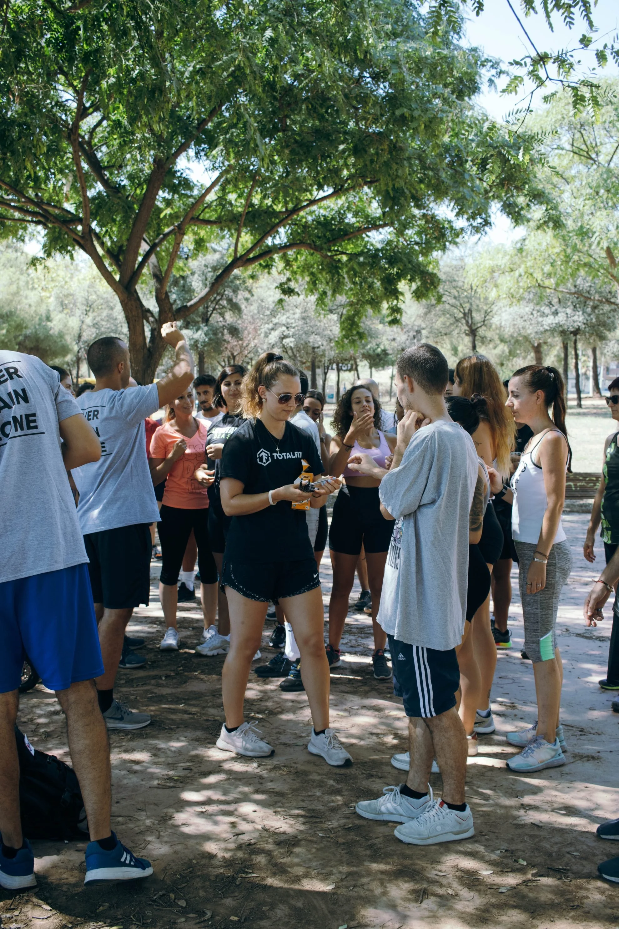 A group of people gathered outdoors in a park, conversing under a large leafy tree with sunlight filtering through the branches.