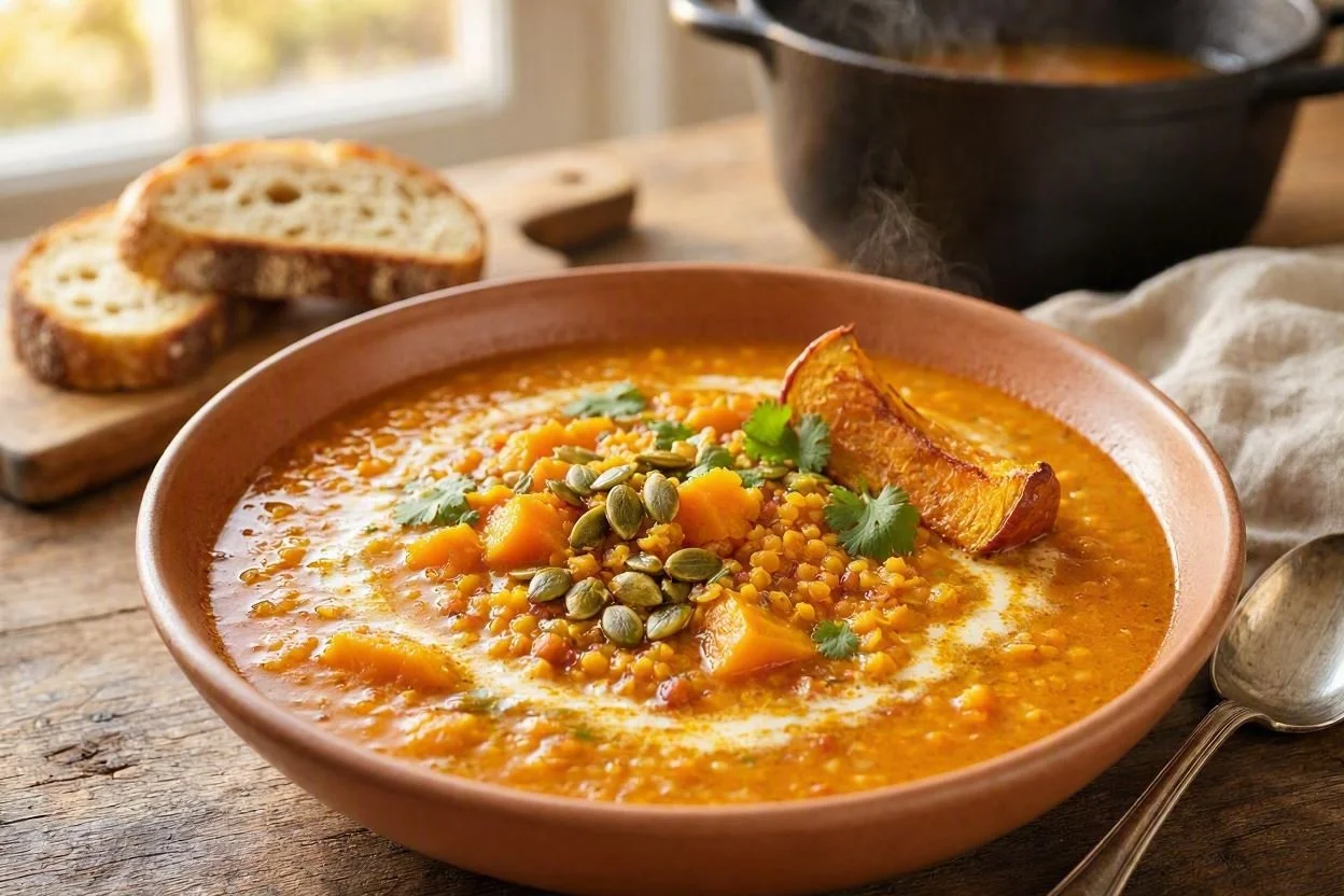 Guiso Cremoso de Calabaza y Lentejas Rojas