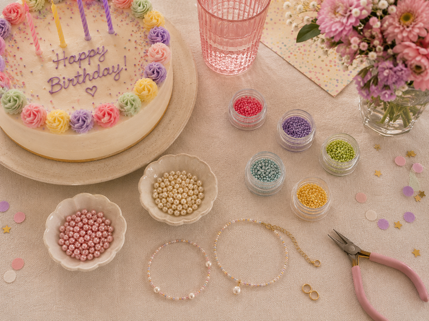 Realistic pastel kids’ birthday craft table with cake, pink glass, textured tablecloth, flowers, colourful seed bead pots and handmade beaded jewellery.