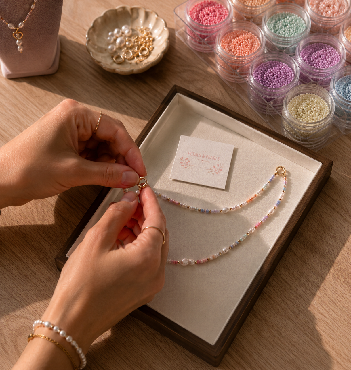 Hands attaching a clasp to a handmade pearl and seed bead necklace during a Petals & Pearls jewellery-making workshop.
