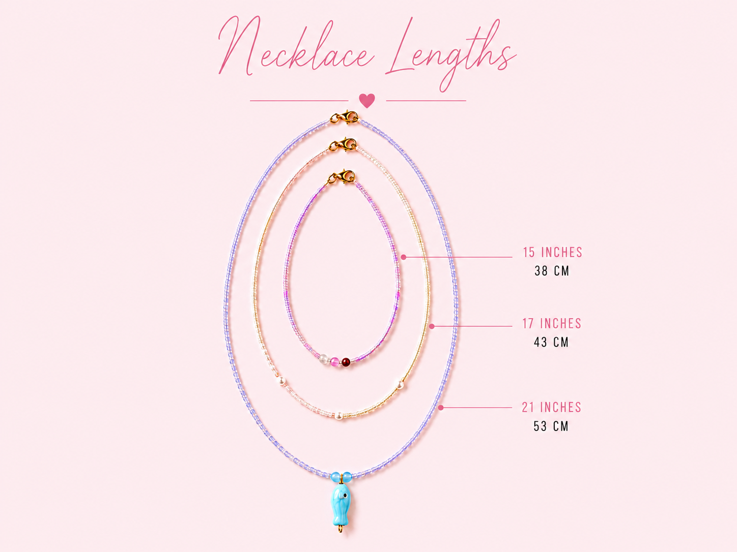 Necklace Lengths Guide with Layered Seed Bead Necklaces. Pink necklace length guide showing three handmade seed bead necklaces in 15, 17 and 21 inch lengths, with pastel beads, gold clasps, pearl details and a blue fish charm.