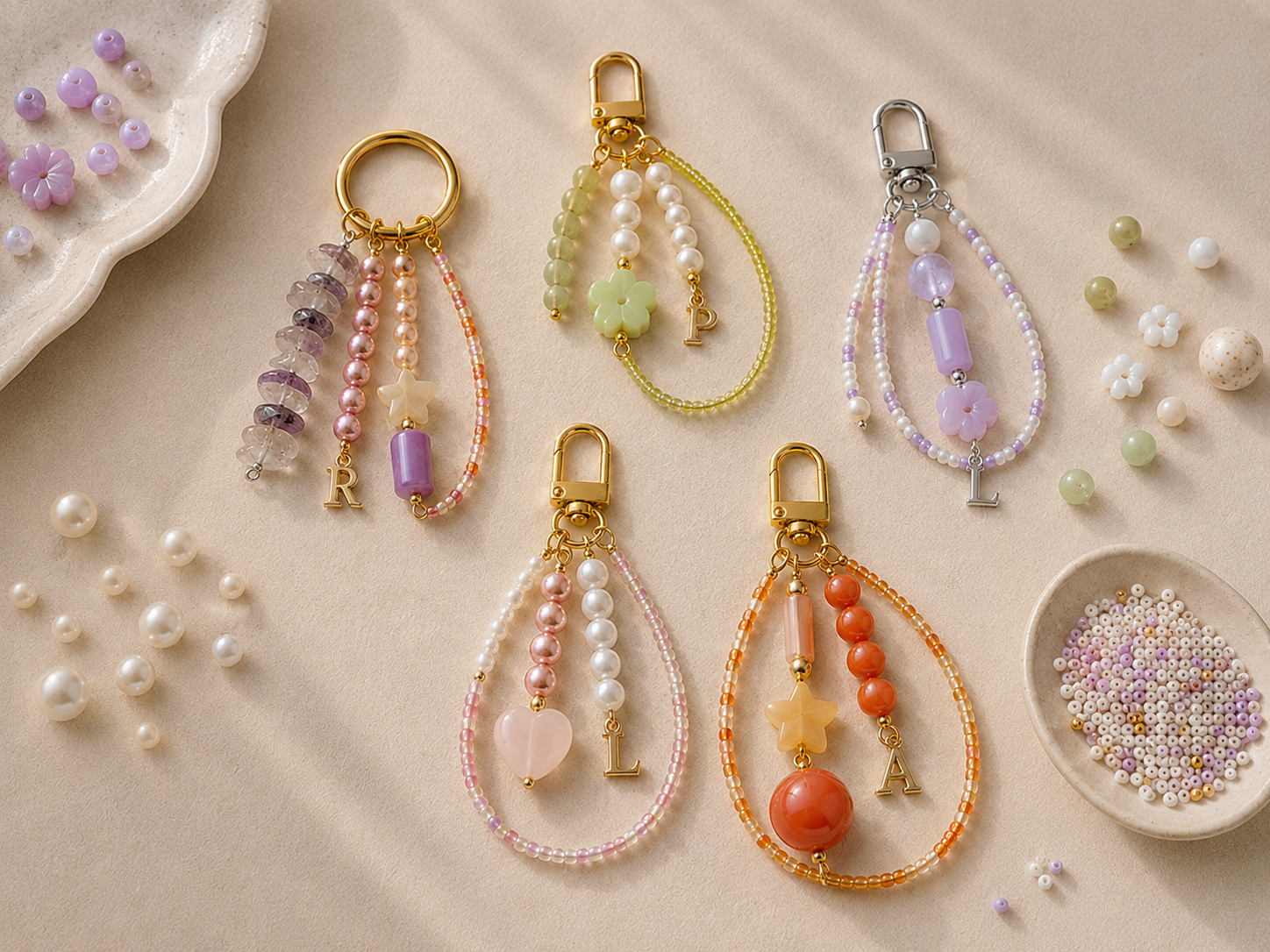 Pastel Beaded Keyring Design Ideas | Petals & Pearls. Collection of pastel beaded keyring design ideas featuring pink, lilac, green and orange beads, gold and silver hardware, initial charms, pearl beads, flower details and seed bead loops.