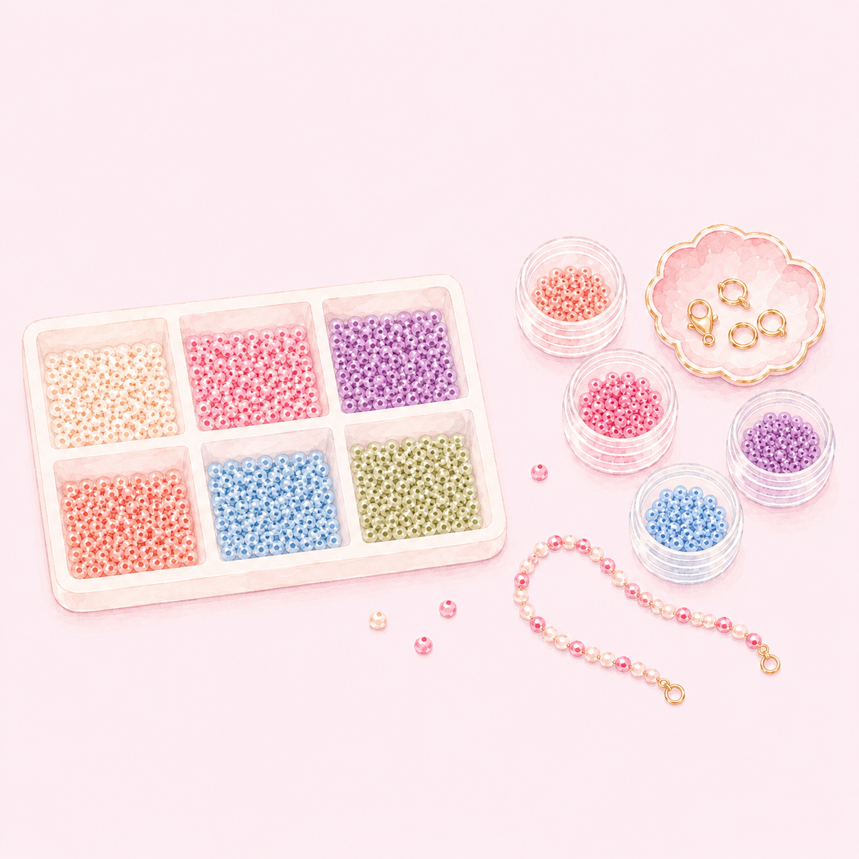 Soft watercolour illustration of pastel glass beads, bead pots, gold jewellery clasps and a beaded bracelet on a pale pink background.