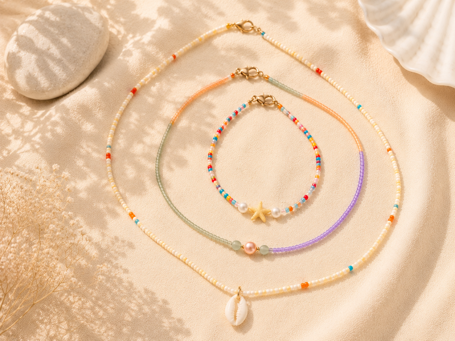 Colourful Layered Seed Bead Necklaces with Shell and Starfish Charms. Three handmade seed bead necklaces laid naturally on warm cream fabric, featuring colourful beads, gold clasps, a cowrie shell pendant, starfish charm, pearl details and soft beach