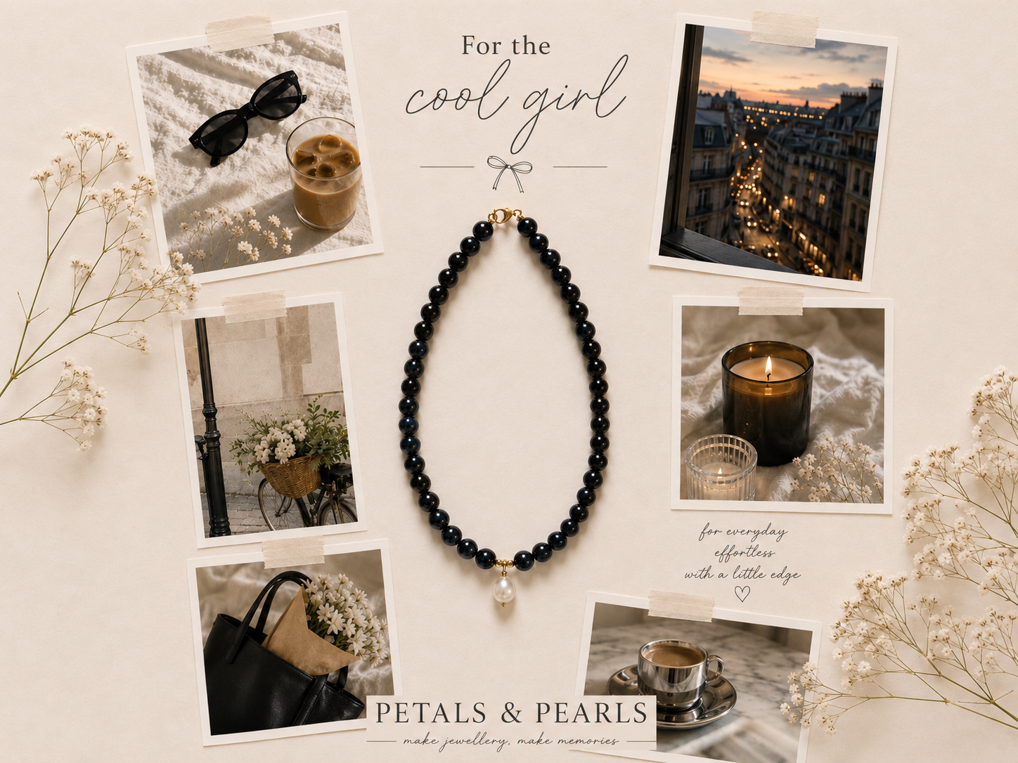 Cool Girl Black Beaded Necklace Mood Board. Petals & Pearls cool girl mood board featuring a black beaded necklace with pearl pendant, gold clasp, neutral Polaroid-style photos, coffee, candles, flowers and soft editorial styling.