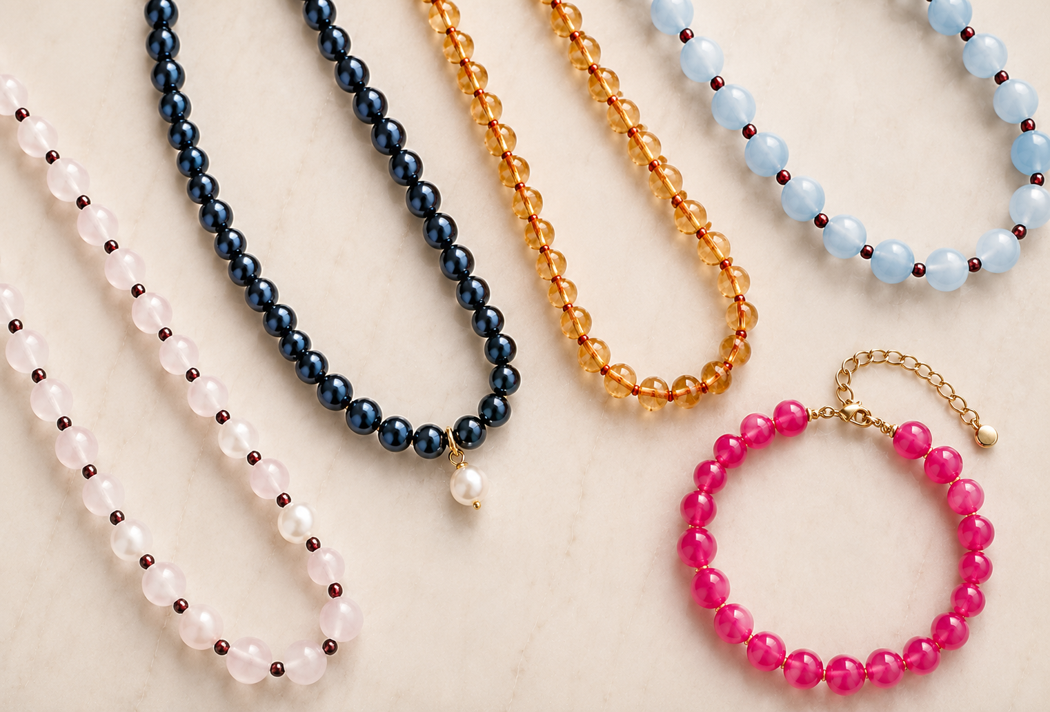Close-up flat lay of colourful handmade gemstone-style necklaces and a hot pink beaded bracelet on a soft marble surface, featuring pale pink, navy, amber and pale blue beads with gold details.