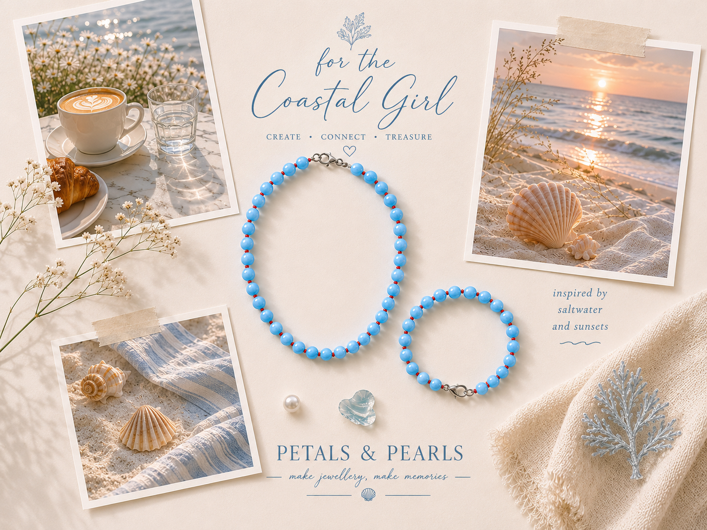 Coastal Girl Blue Beaded Necklace Mood Board. Petals & Pearls coastal mood board featuring blue beaded necklaces with red accent beads, silver clasps, seaside photos, shells, coffee, soft florals and blue branding text.