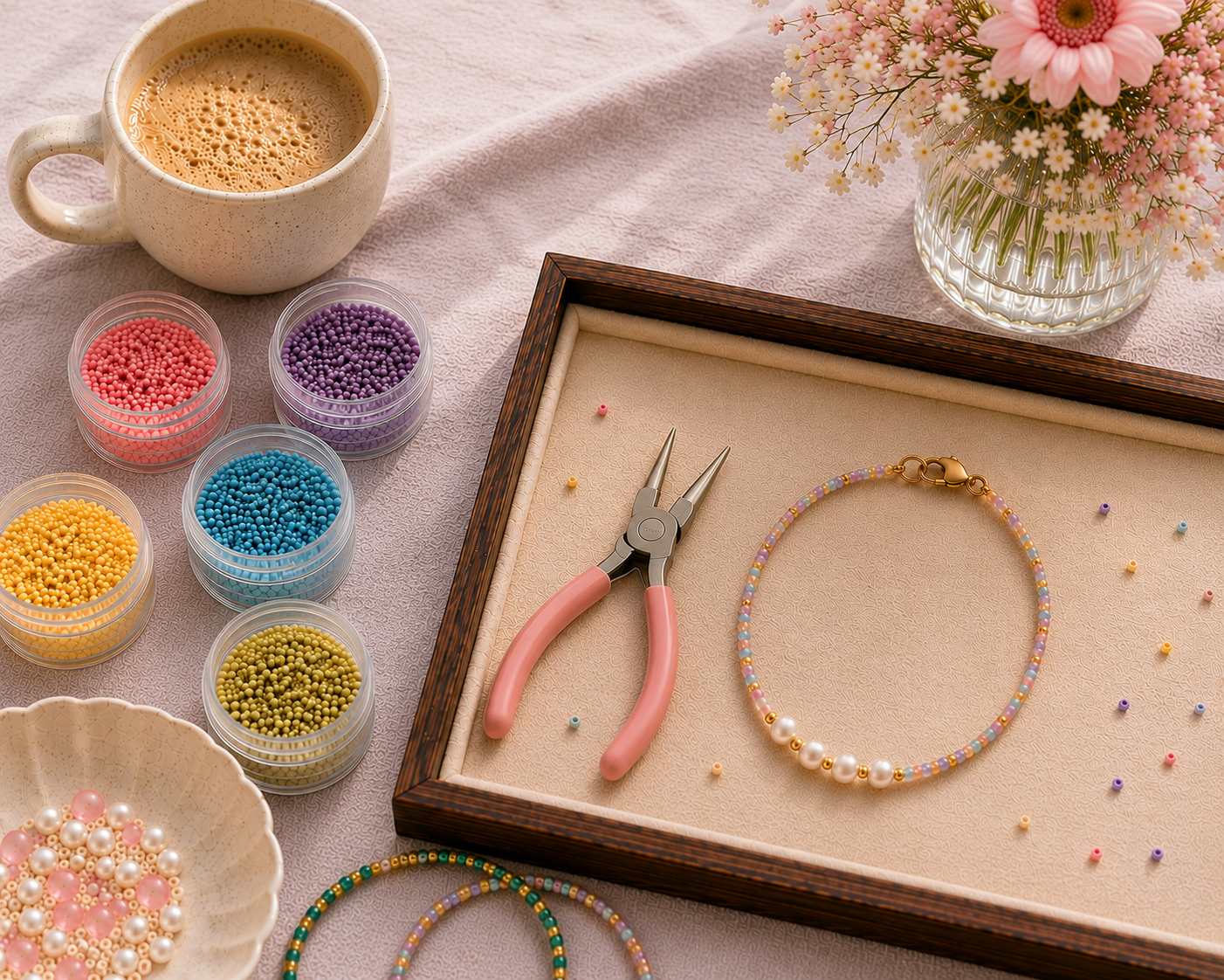 Close-up Petals & Pearls jewellery-making setup on soft lavender linen with a wooden tray, pastel pearl bracelet, pink-handled pliers, colourful seed bead jars, coffee and flowers.