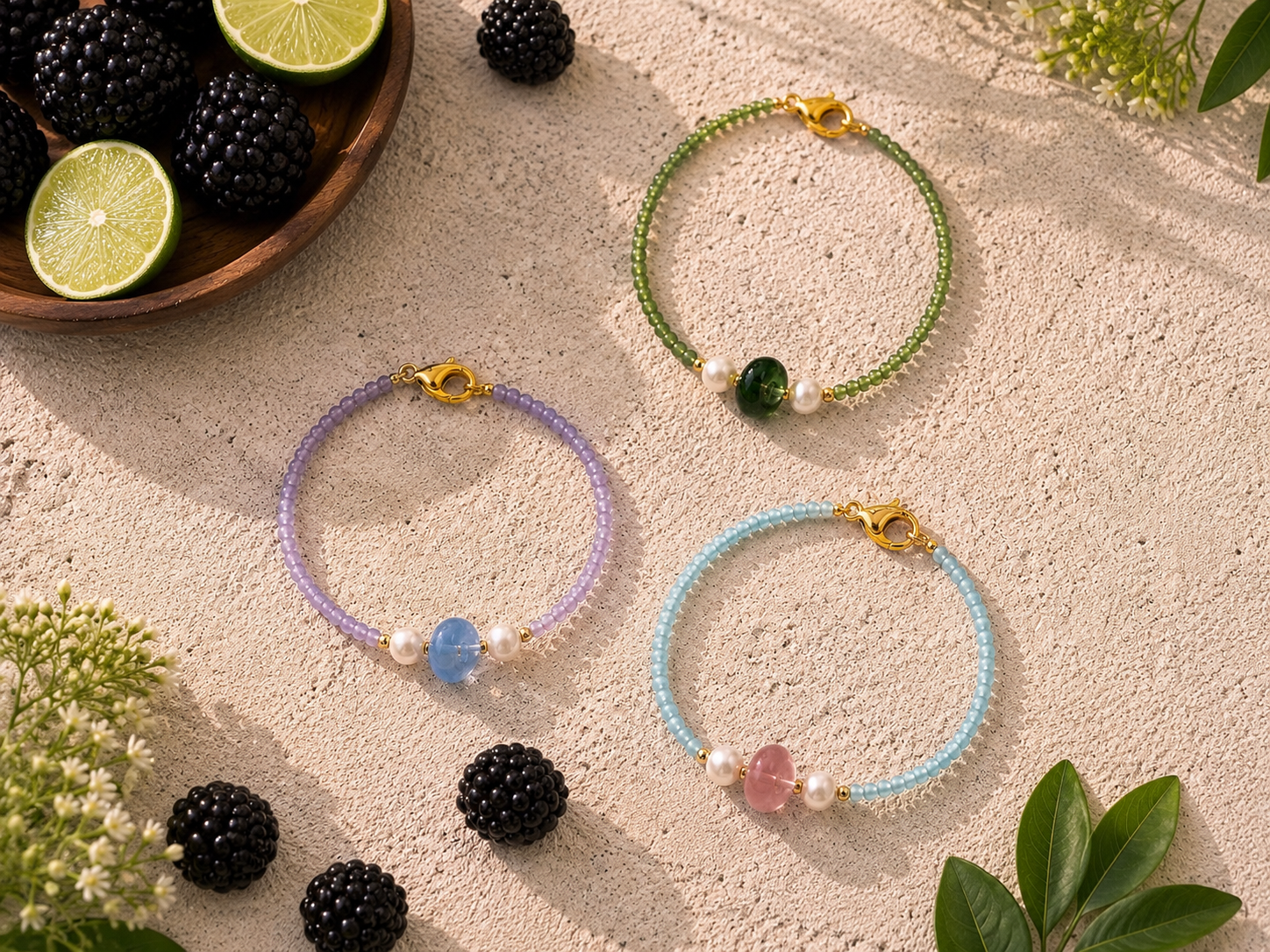 Blackberry and Lime-Inspired Seed Bead Bracelets | Petals & Pearls. Three handmade seed bead bracelets on a sunlit textured surface, featuring lilac, green and blue beads, pearl details, gold clasps, blackberry and lime styling and soft natural green