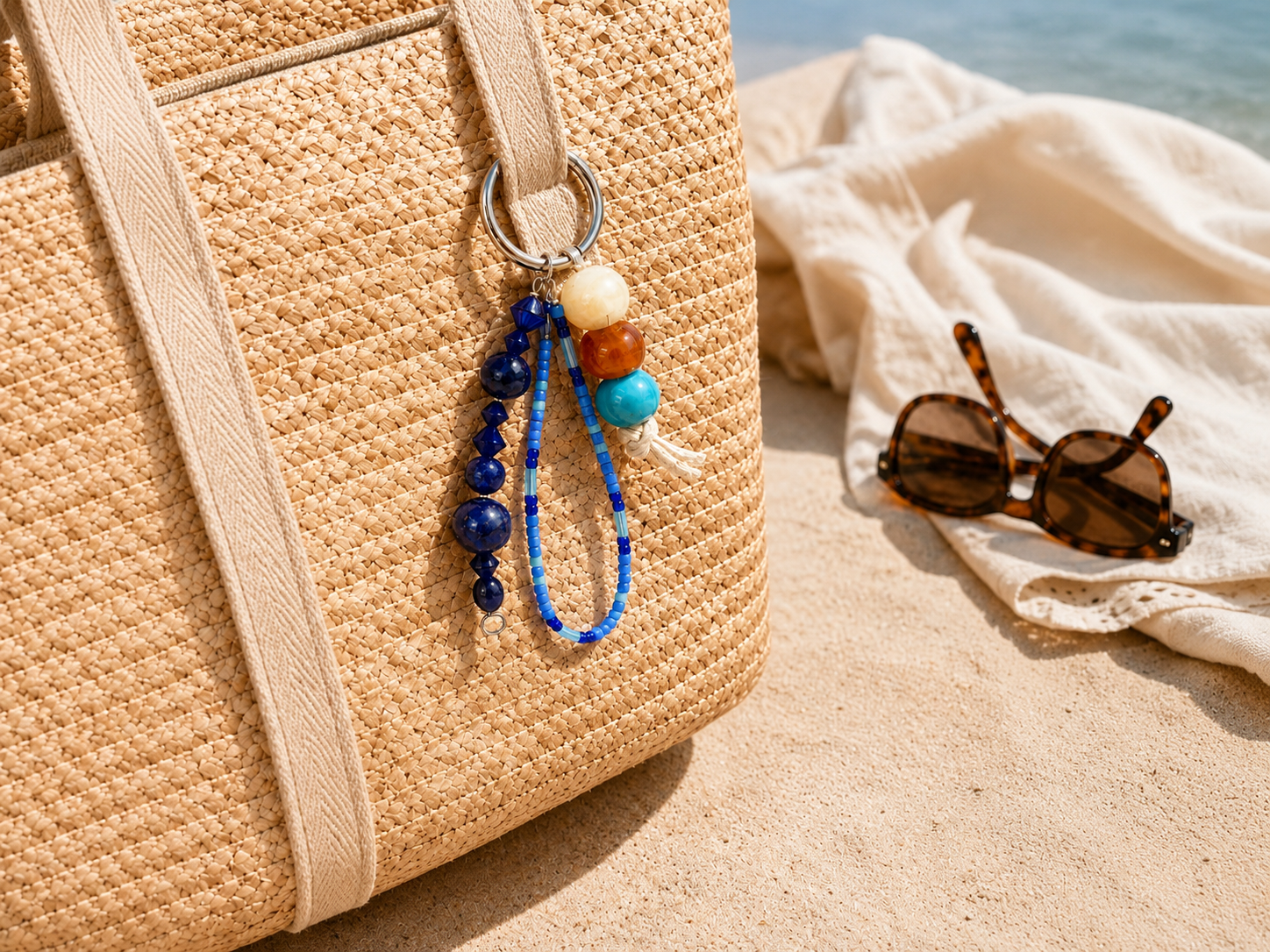Blue Beaded Beach Bag Keyring | Petals & Pearls. Blue beaded keyring attached to a woven straw beach bag, featuring silver hardware, blue seed beads, bold blue gemstone-style beads, turquoise and amber accent beads, sunglasses and soft beach styling.