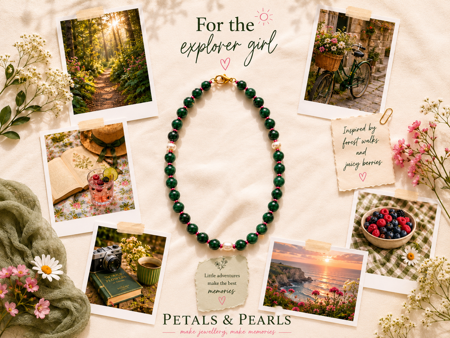 Dark Green Jade Explorer Girl Necklace Mood Board. Petals & Pearls explorer girl mood board featuring a dark green jade beaded necklace with pink accent beads, pearl details, gold clasp, forest lifestyle photos, berries, daisies and soft green brandi
