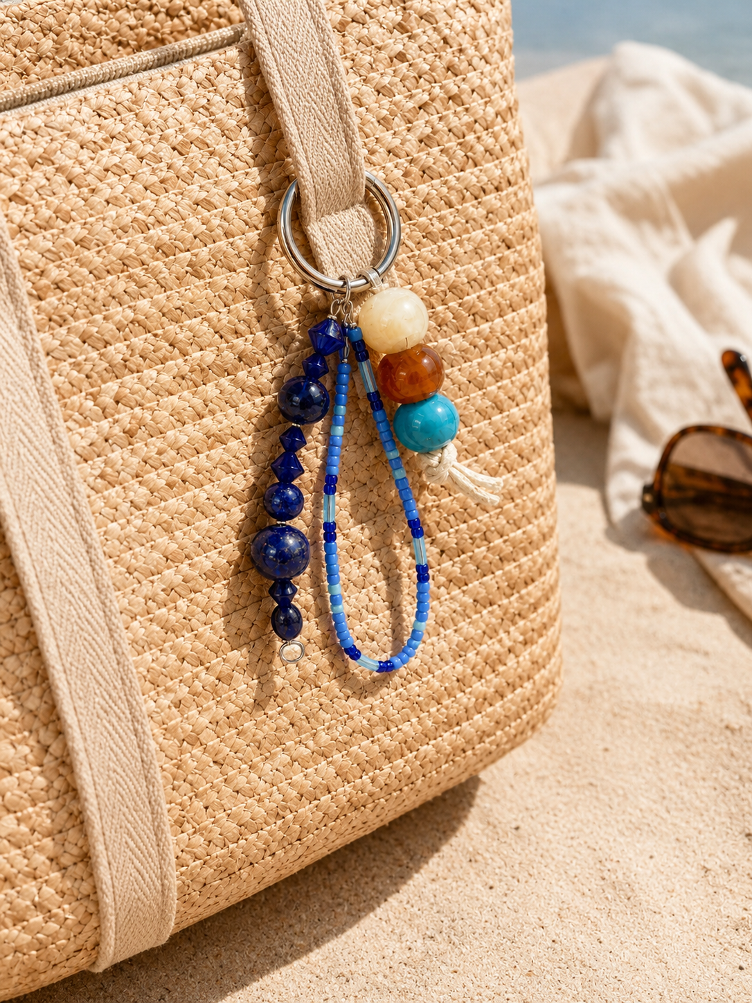 Blue beaded bag charm with natural gemstone accents attached to a woven beach bag.