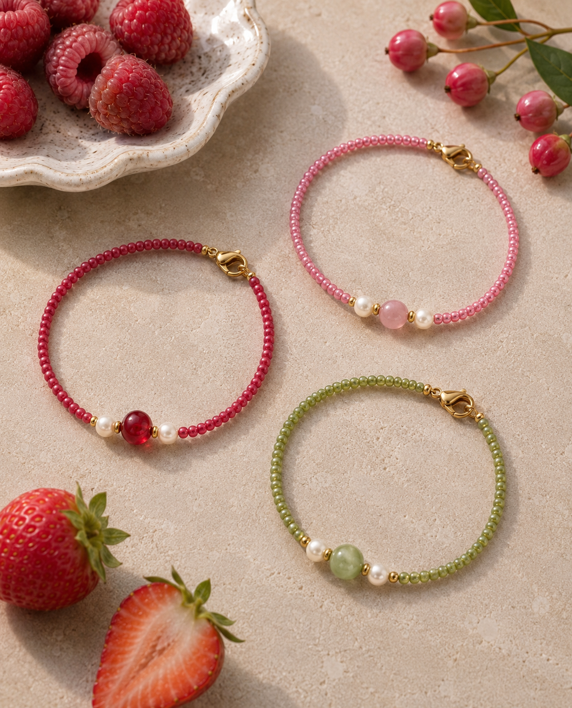 Pink and Green Handmade Beaded Bracelet Collection | Petals & Pearls. Flat lay of handmade pink and green seed bead bracelets with gemstone centre beads, freshwater pearls and gold clasps styled with strawberries on a warm textured background.