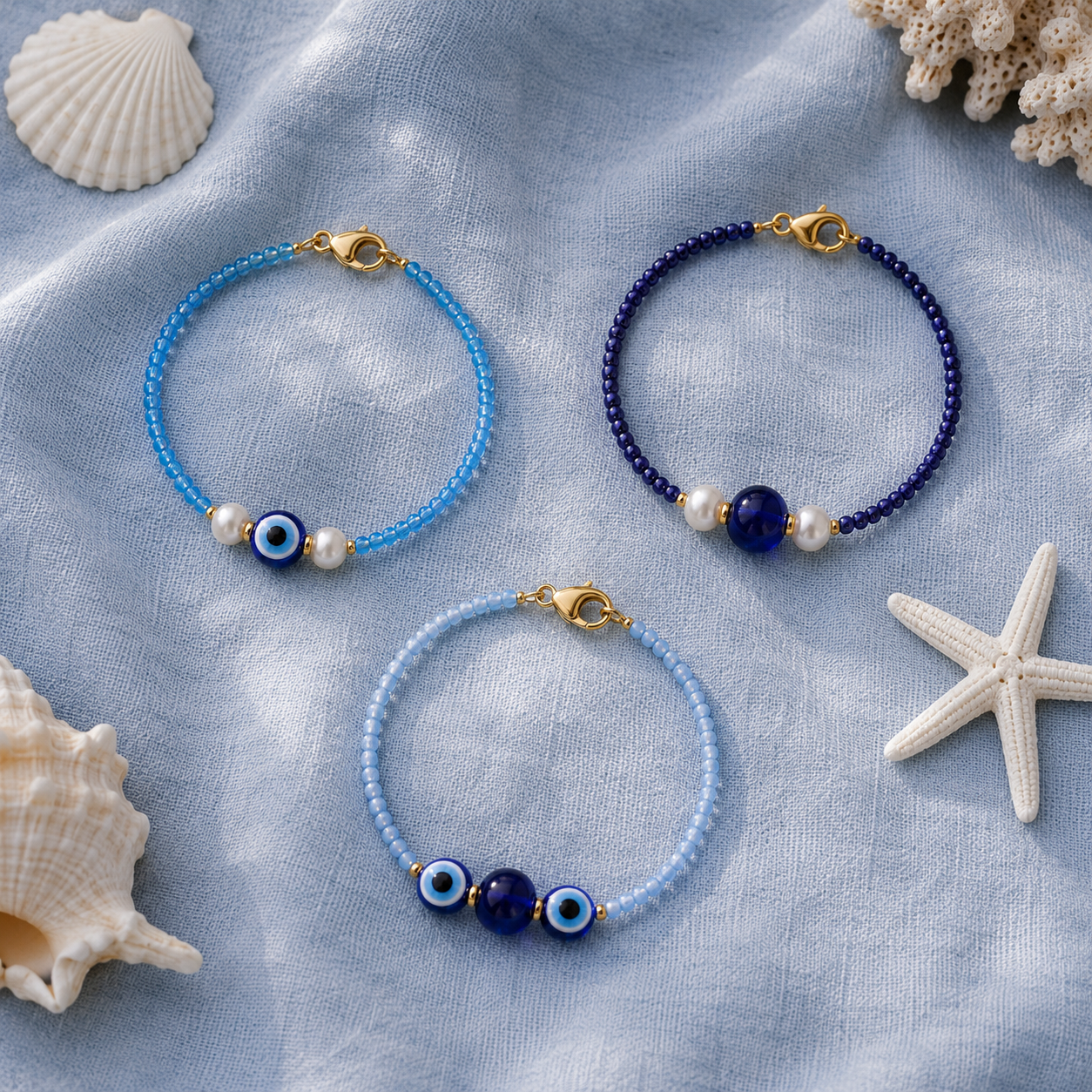 Blue Evil Eye Beaded Bracelet Collection | Petals & Pearls. Flat lay of handmade blue seed bead bracelets with evil eye charms, gemstone centre beads, freshwater pearls and gold clasps styled on soft blue fabric with seashells and a white starfish.