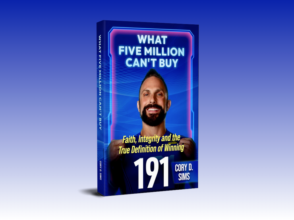 Book cover titled "What Five Million Can't Buy" by Cory D. Sims, featuring a smiling man with a beard, set against a blue background with neon-like accents.