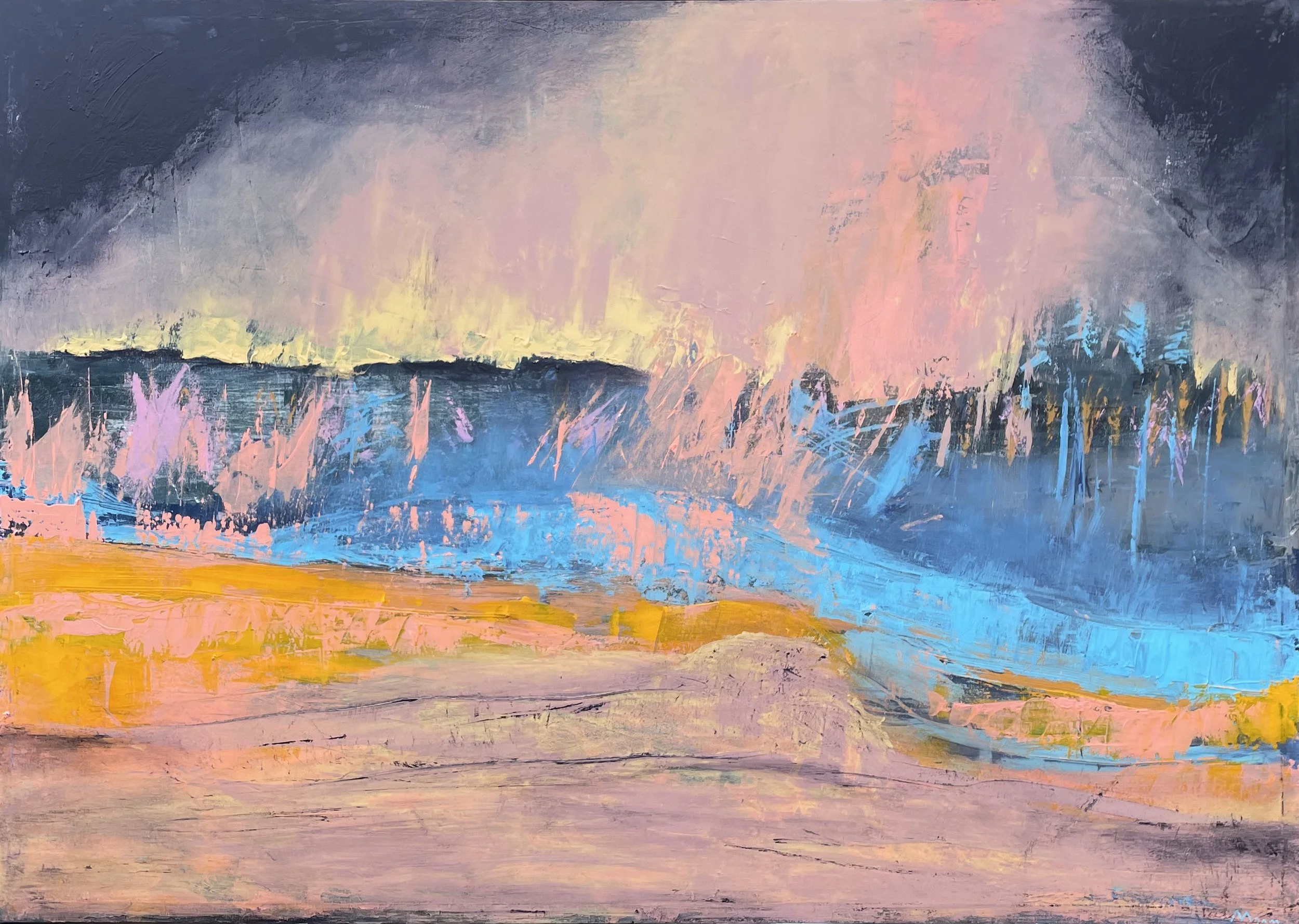 An abstract painting with horizontal layers of pastel pink, purple, blue, and yellow colors, with brushstrokes creating a textured appearance.