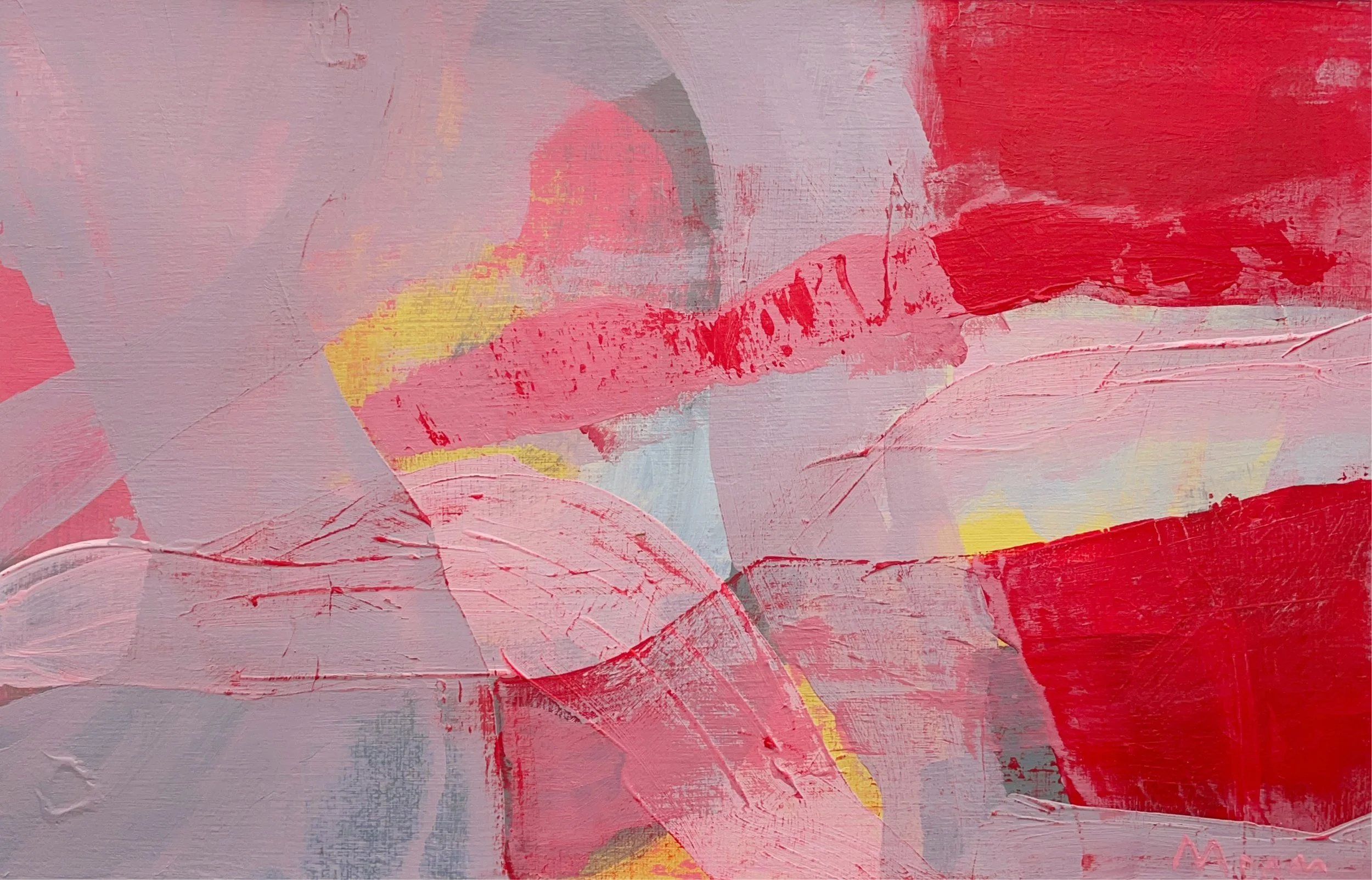 Abstract painting with pink, red, yellow, and gray strokes and textures.