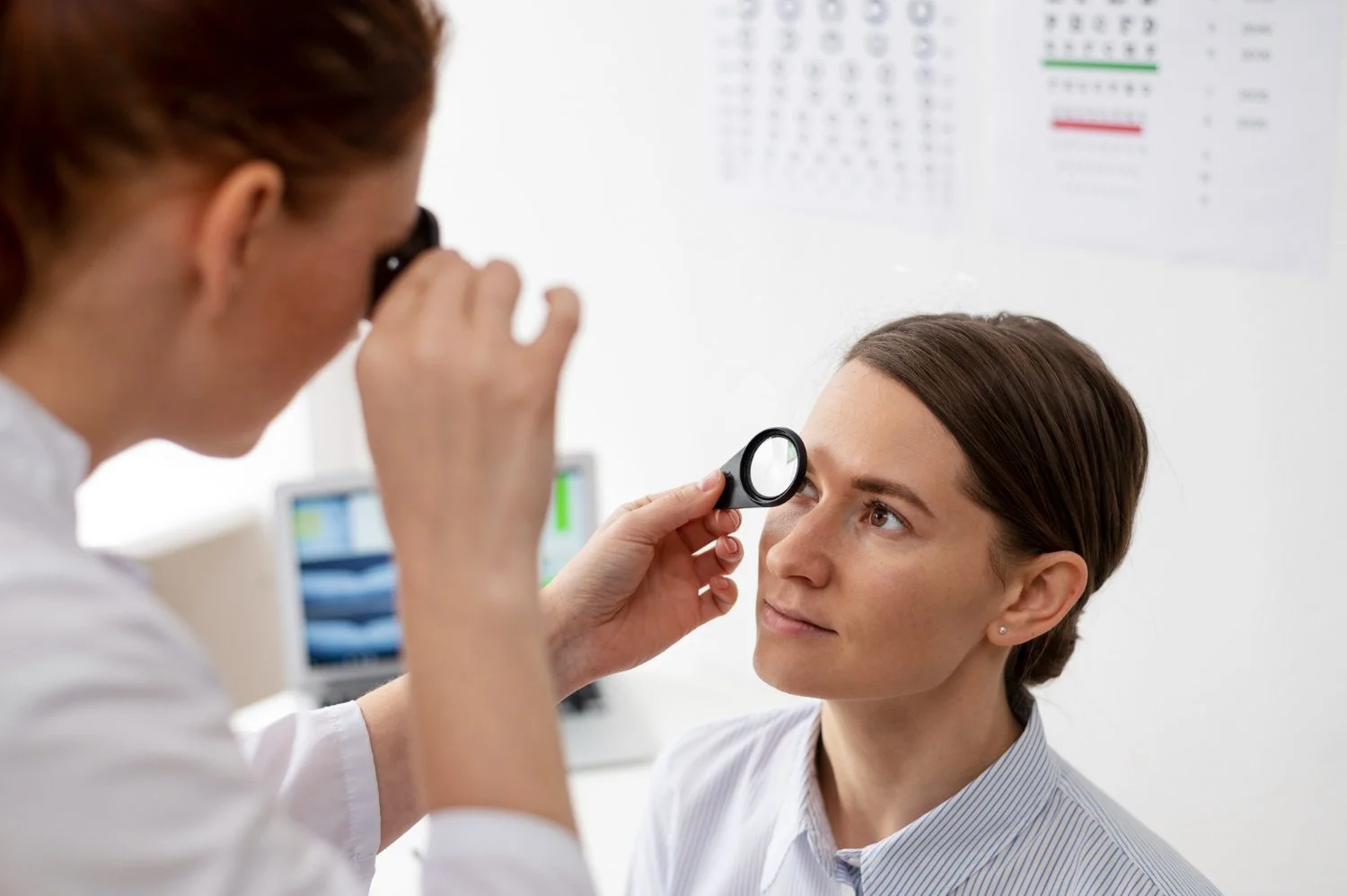 Optometrist examining a woman's eye with a magnifying glass in an eye clinic.
