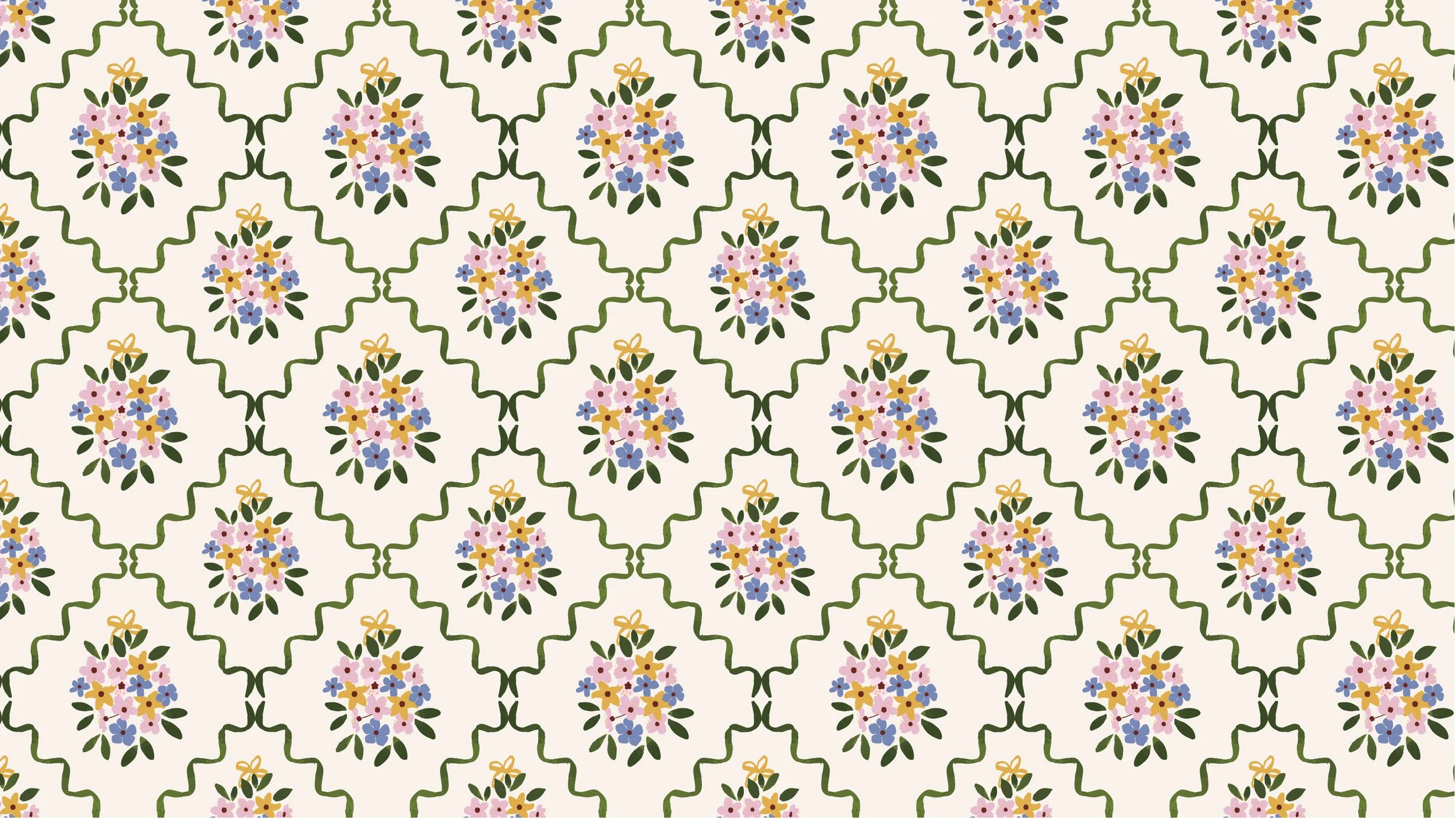 A floral trellis pattern that features hand-painted ink ribbon and tiny flower bouquets.