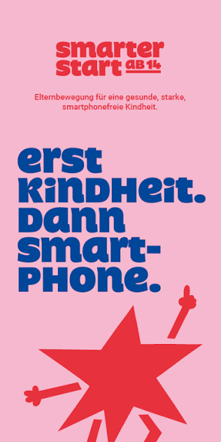 Werbeplakat mit rotem Stern und blauer Schrift, fördert die kindliche Entwicklung ohne Smartphone, pinker Hintergrund.
