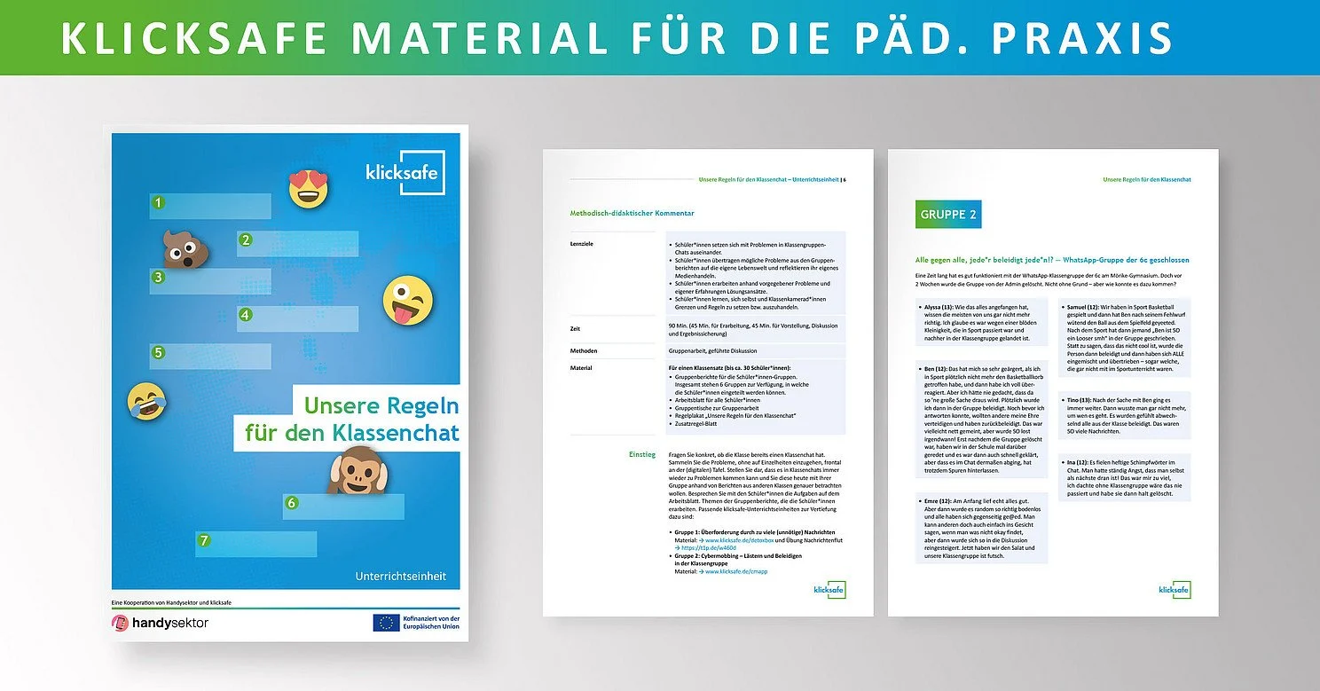 Leitfaden mit Regeln für den Klassenchat, inklusive Emojis und einer Übersicht der Regeln, daneben zwei Seiten mit methodisch-didaktischen Kommentaren und Gruppenregeln.