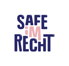 Text mit den Worten "SAFE" und "RECHT" in blauer Schrift und "IM" in rosa Schrift