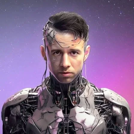 Ein junger Mann in einer futuristischen, robotischen Kleidung vor einem sternenklaren Himmel.