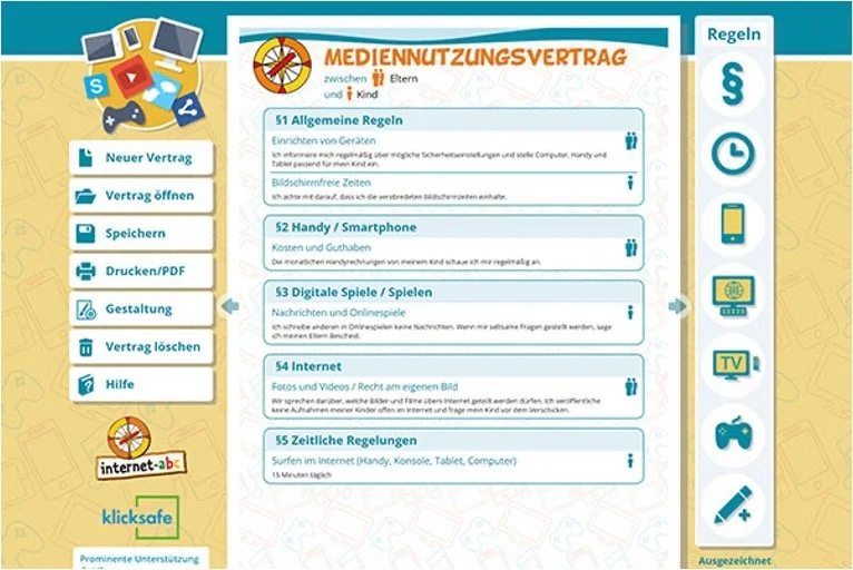 Das Bild zeigt einen digitalen Vertrag zum Thema Mediennutzung für Eltern und Kinder mit verschiedenen Rubriken, wie allgemeine Regeln, Handy, digitale Spiele, Internet und zeitliche Regelungen, auf einer Webseite. Links befinden sich Symbole für neue Verträge, öffnen, speichern, drucken, gestalten, löschen, Hilfe, sowie ein Logo für Internet und Klicksafe. Rechts sind Symbolleisten für Regeln, Uhr, Handy, PC, TV, Spiele und Stift zum Bearbeiten.