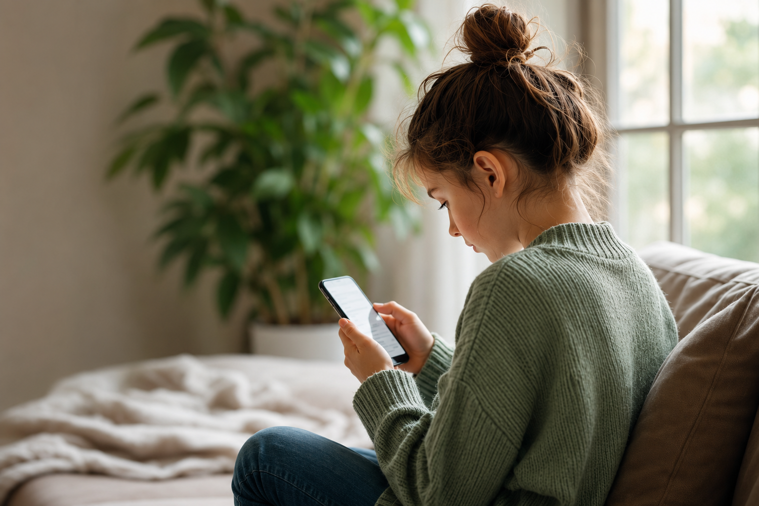 Junge Frau sitzt auf einem Sofa, liest auf ihrem Smartphone, im Hintergrund ein grüner Indoor-Pflanze, Fenster mit natürlichem Licht.