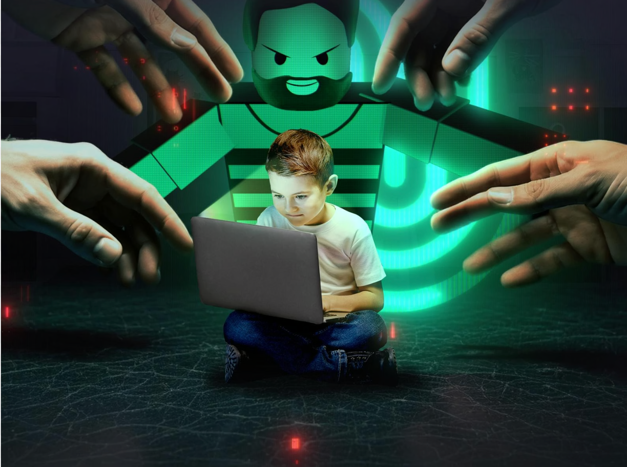 Ein Roblox-Charakter mit schwarzem Haar, Bart und rotem Gesicht, darüber ein grüner Balken mit dem Text 'Spiel oder Risiko?'