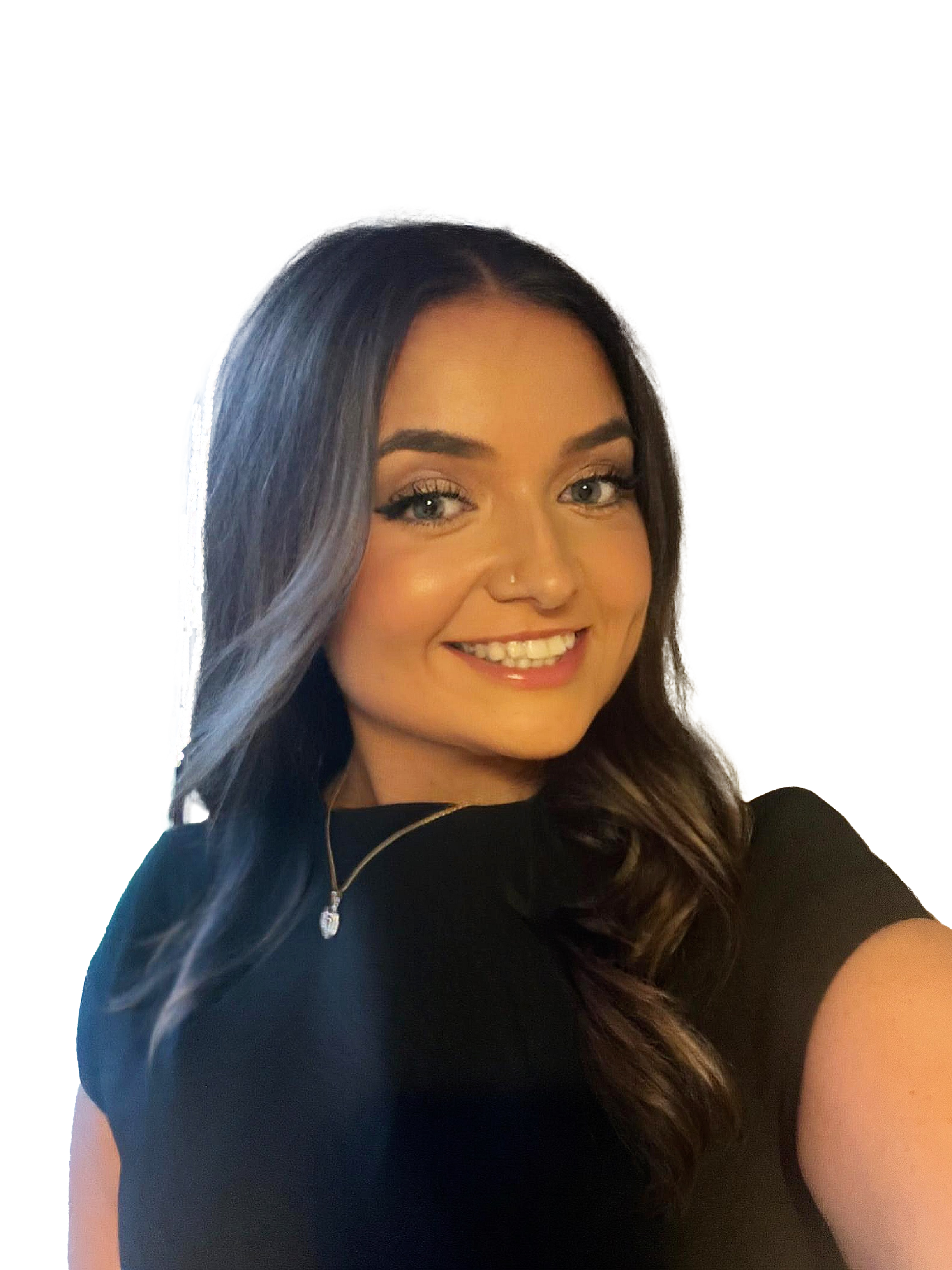 Close-up of a young woman with long dark hair, blue eyes, and a nose piercing, smiling in a black top.