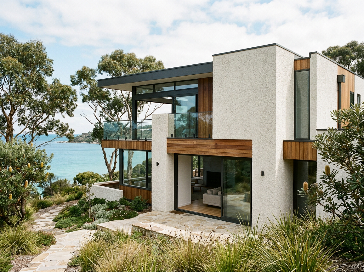 Modern house with large glass windows, wooden accents, and a balcony overlooking a natural landscape and water, surrounded by trees and shrubs.