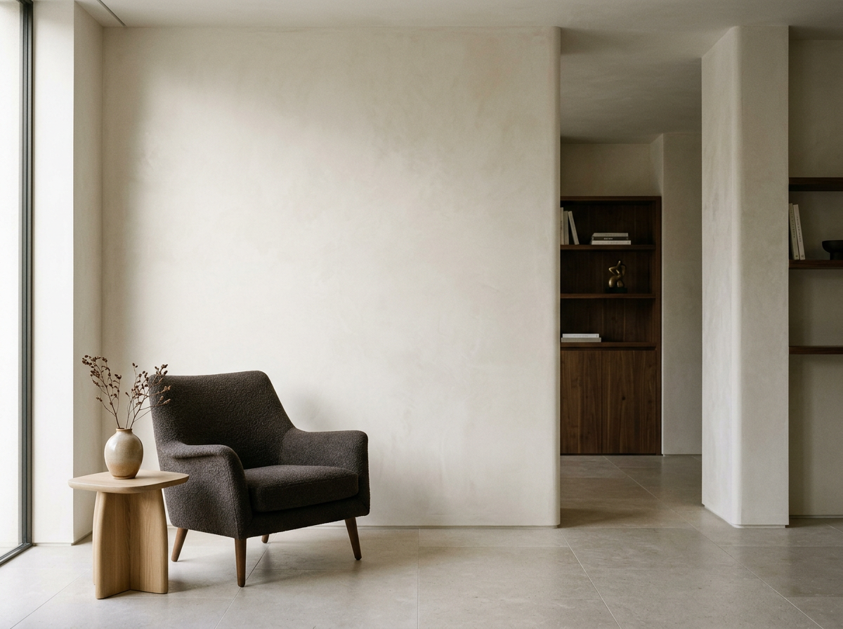 A minimalist living space with a dark gray armchair, a small wooden side table with a white vase containing dried branches, and built-in wooden bookshelves.