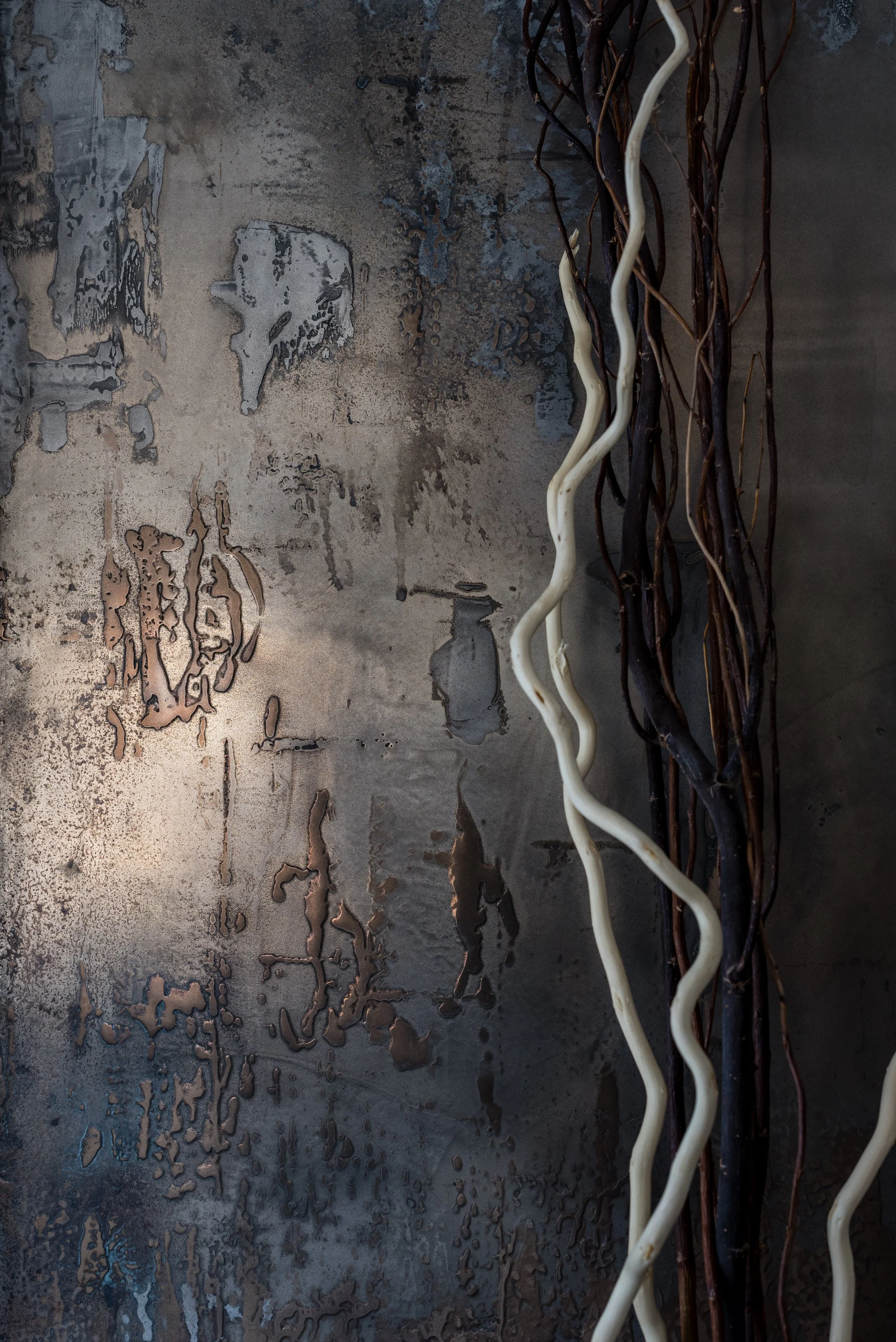 Close-up of a weathered metallic surface with peeling paint and water stains, featuring a group of intertwined, twisted sticks or wires in shades of white and brown on the right side.