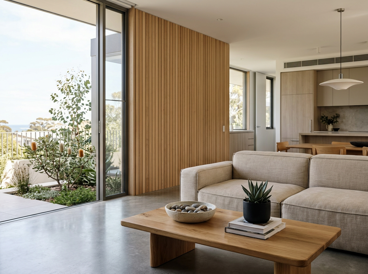 Modern living room with large windows, beige sofa, wooden coffee table with a potted plant and stones, and a view of a garden outside.