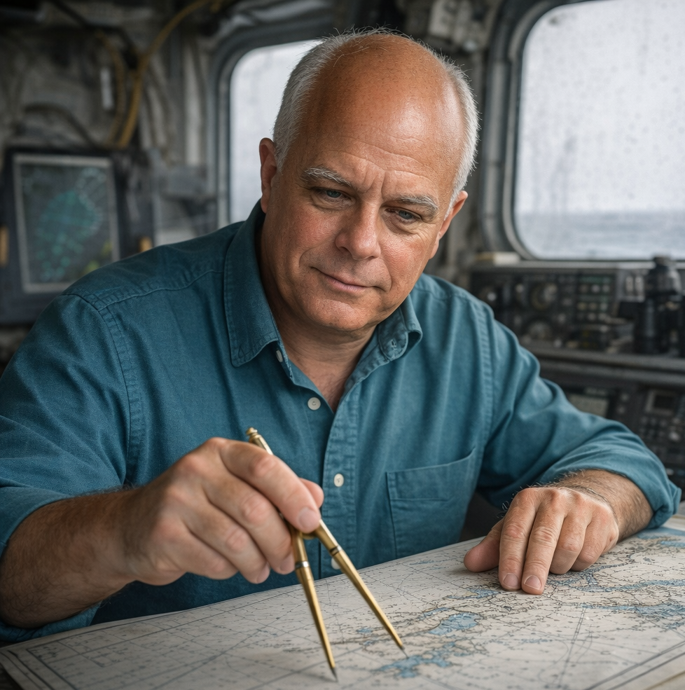 Dennis Dorsey reviewing a nautical chart as part of maritime research and shipwreck investigation.