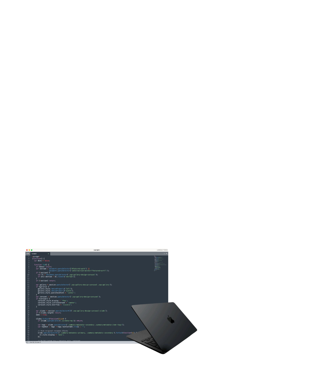 A dark-themed computer screen displaying code, with a MacBook partially visible in the foreground.