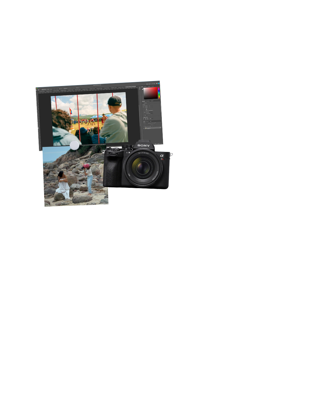 Composite image showing a digital photo editing software interface with two photographs, a DSLR camera, and editing tools.